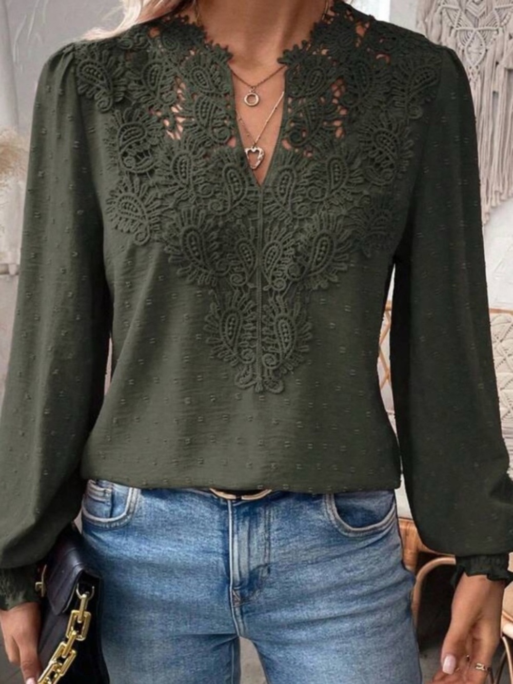 Olive Green Lace Trim Long Sleeve Blouse Festival Shirt Top